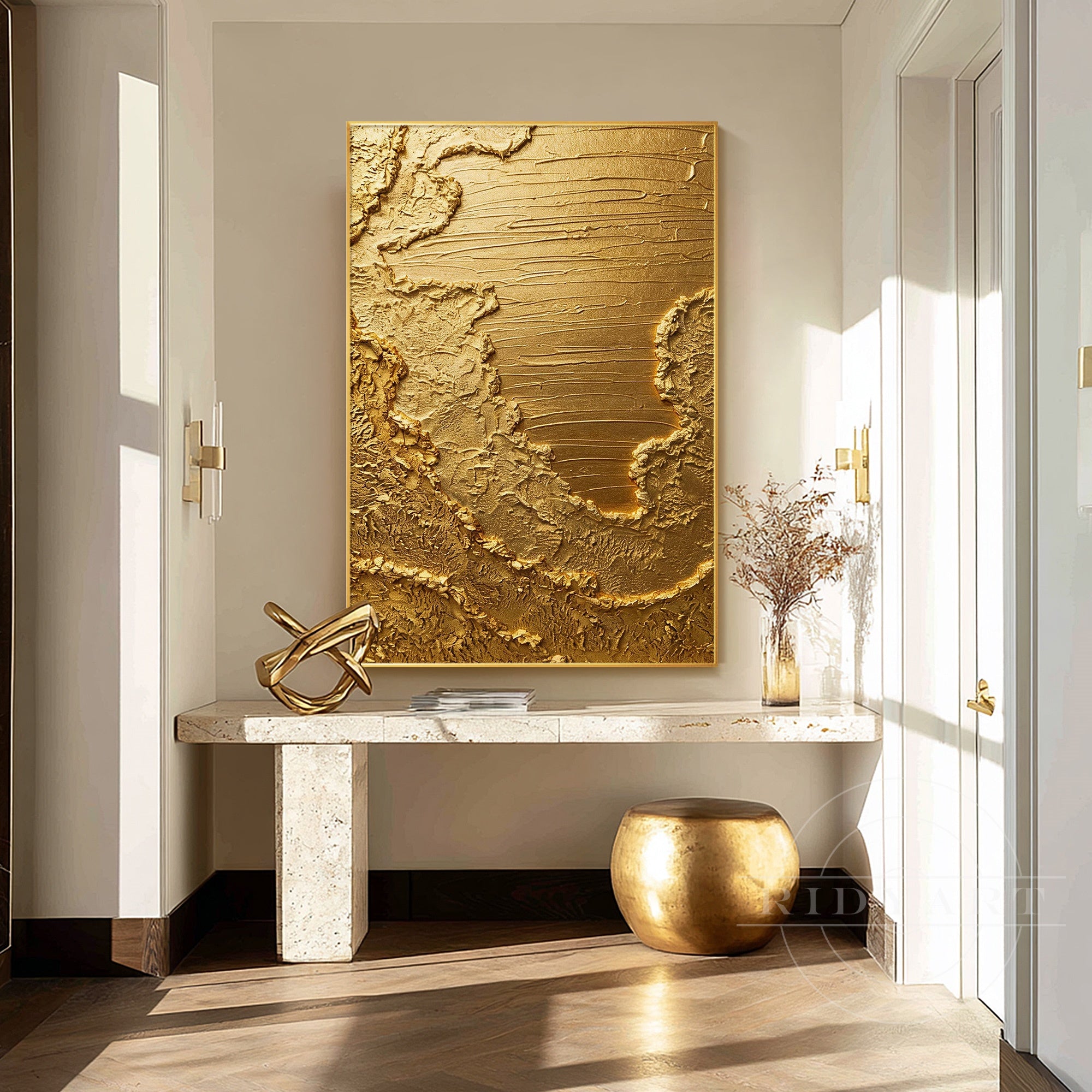 3D gold leaf abstract minimalist painting on wall