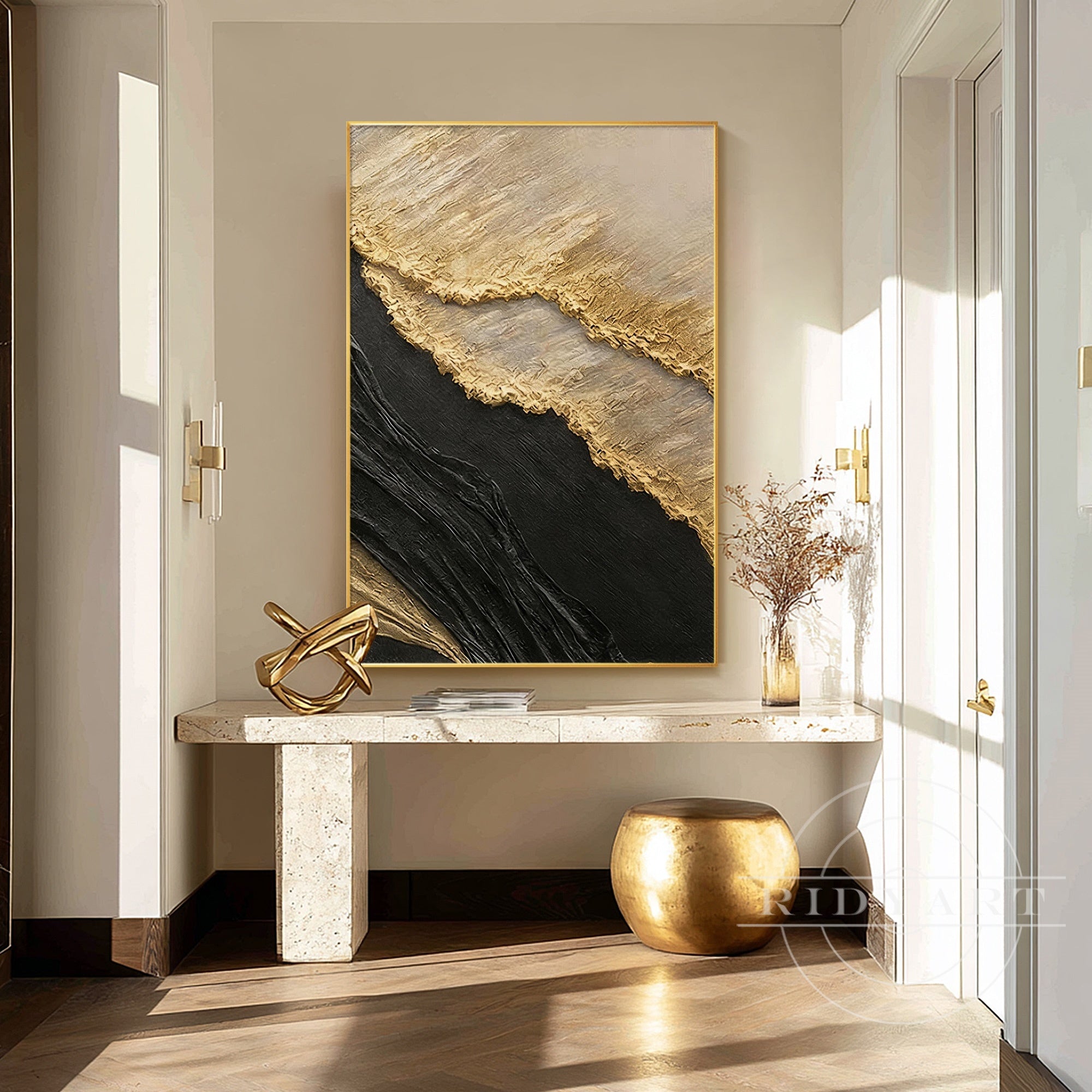 Black and gold textured canvas wall art close up