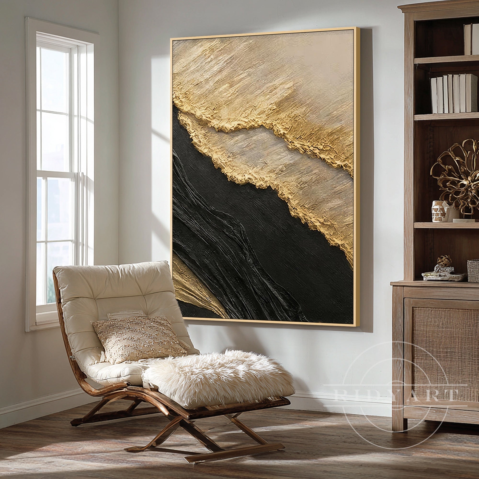 Hand painted gold wave dark texture canvas painting