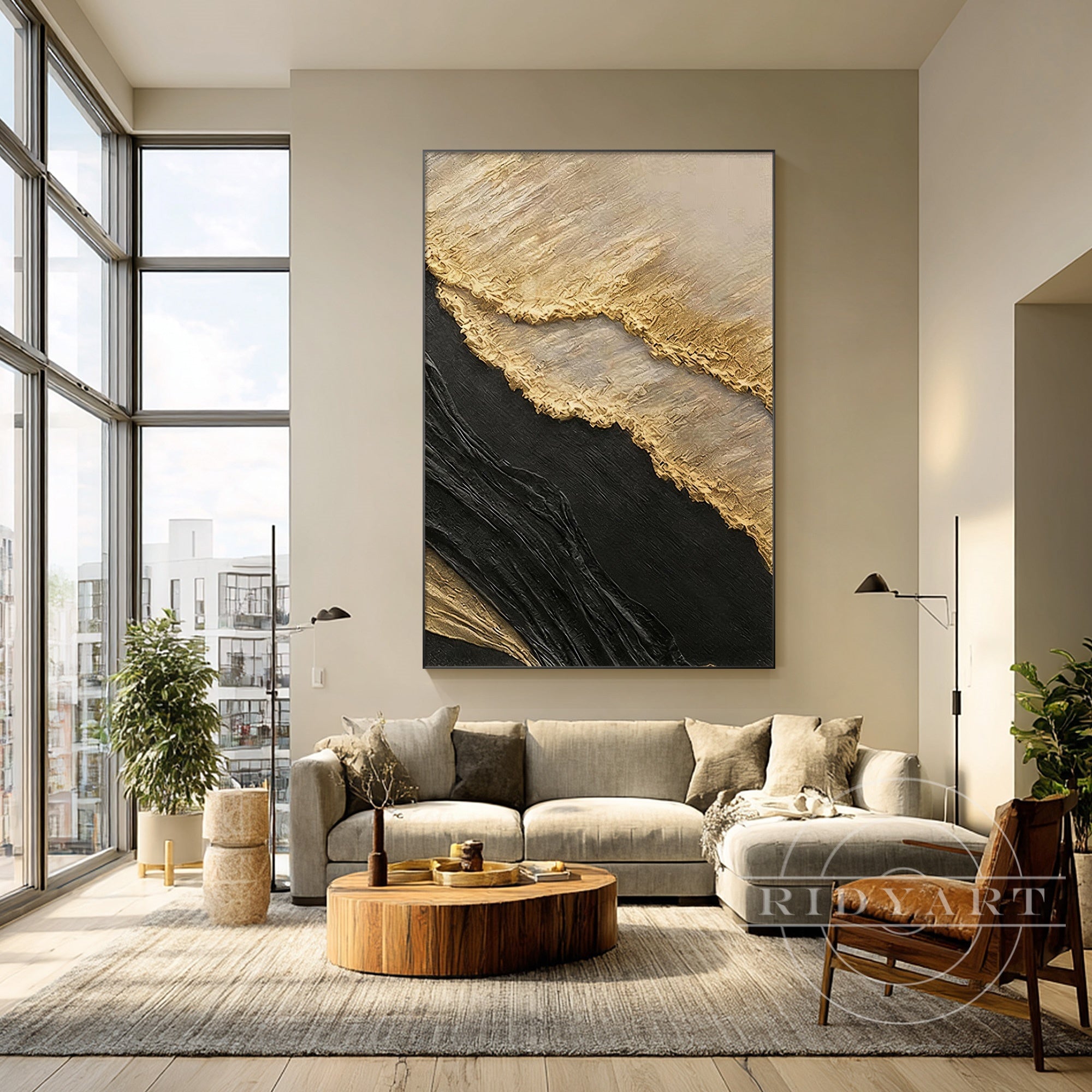 Contemporary luxury black gold relief painting home decor