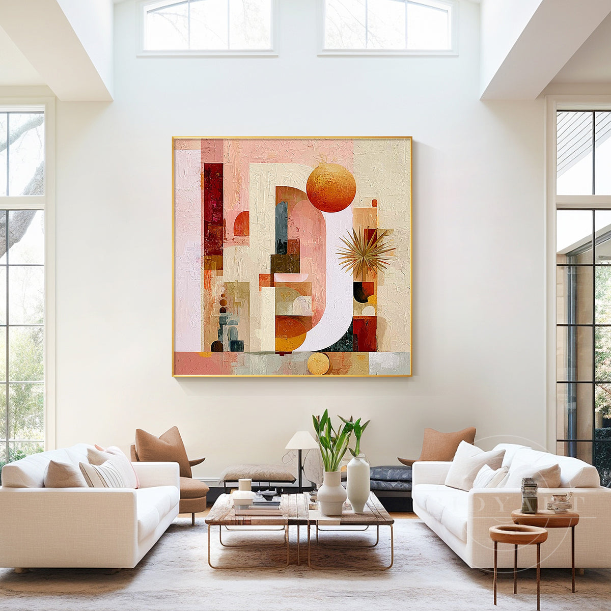 Sunset orange sphere abstract canvas painting.