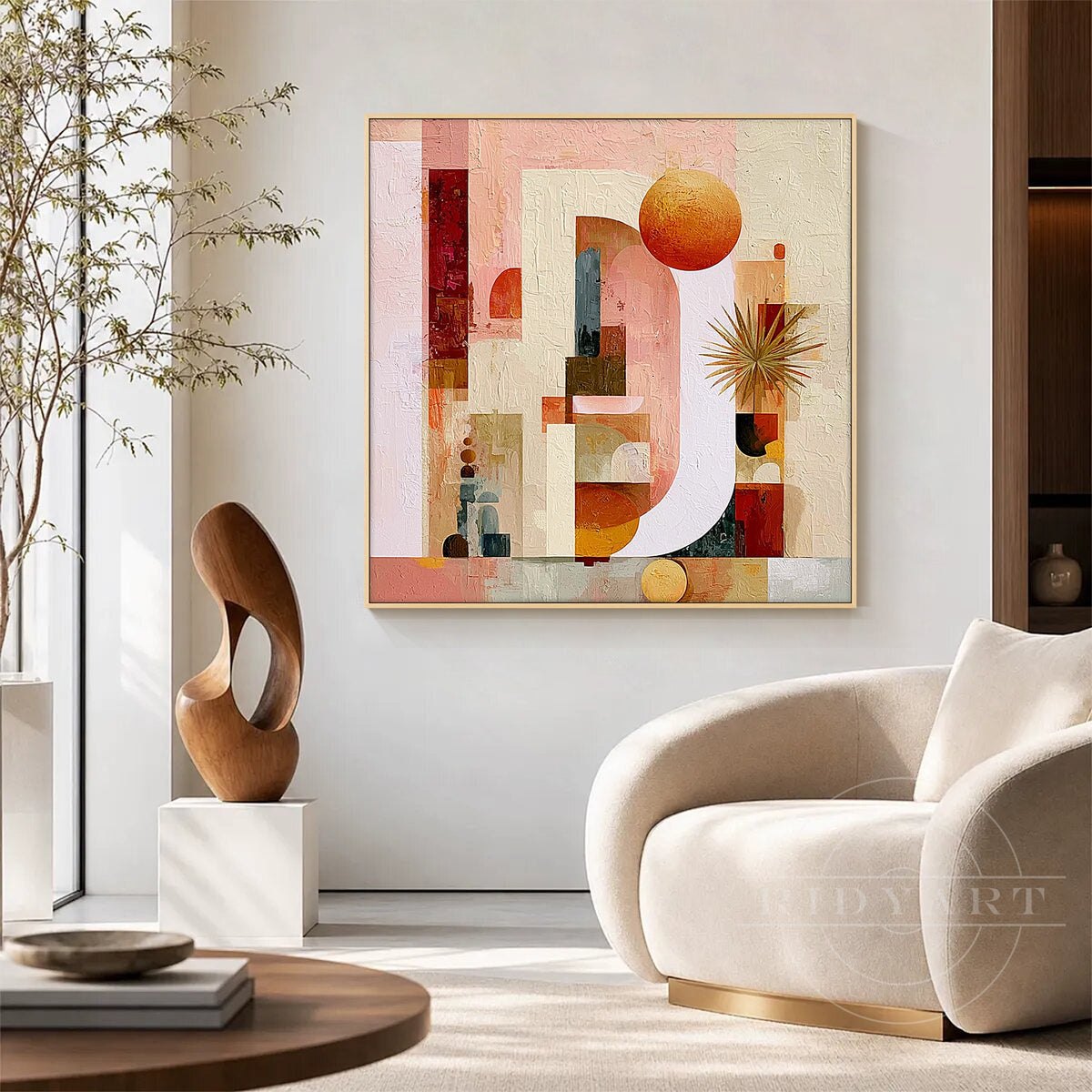 Blush pink textured wall art with palm motif.