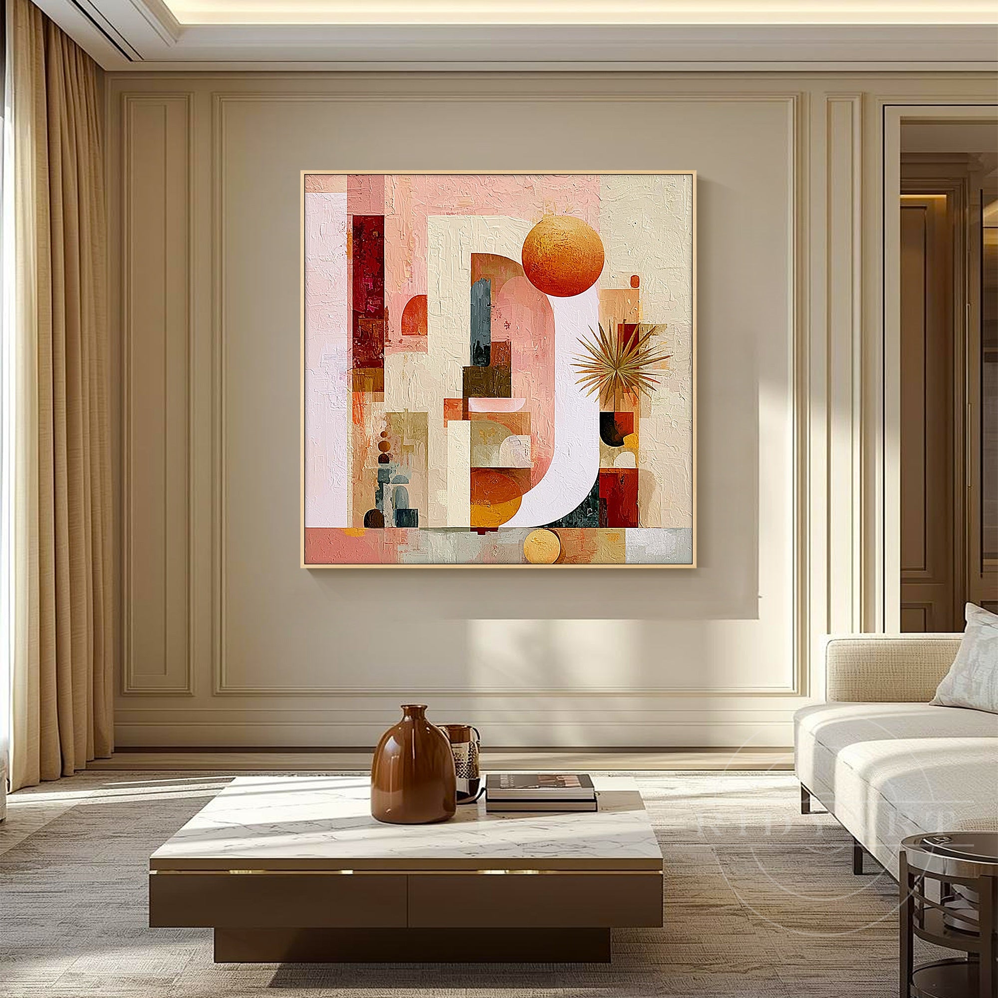 Warm terracotta geometric canvas artwork.