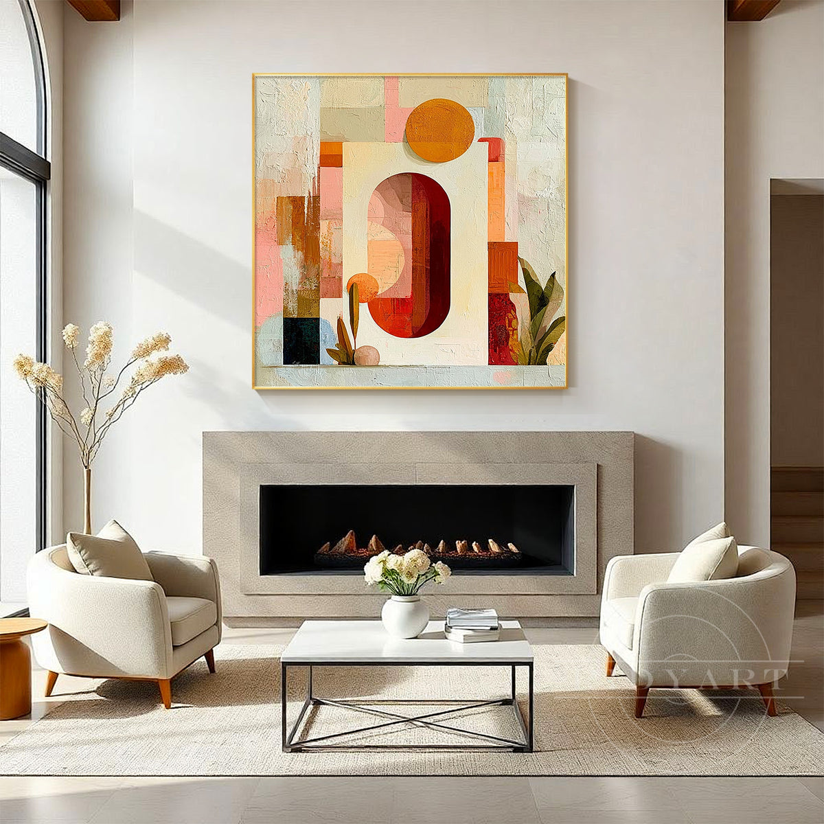 Modern mustard and rust abstract canvas art.