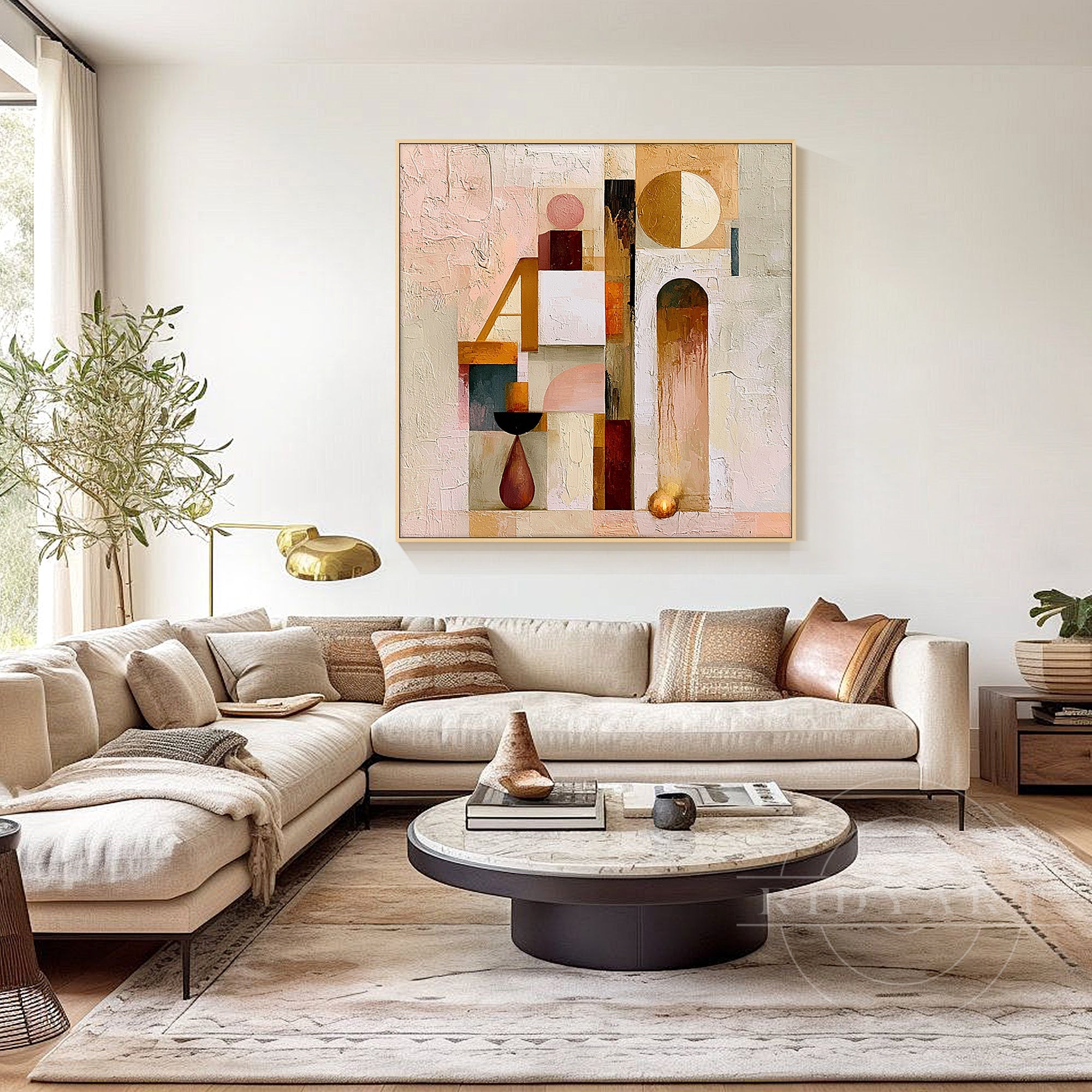 Soft blush and gold arch canvas painting.