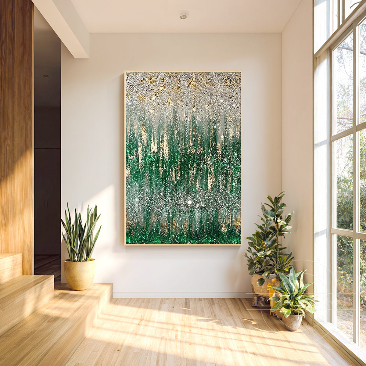 Large forest green and silver glittering textured canvas painting on a living room feature wall.