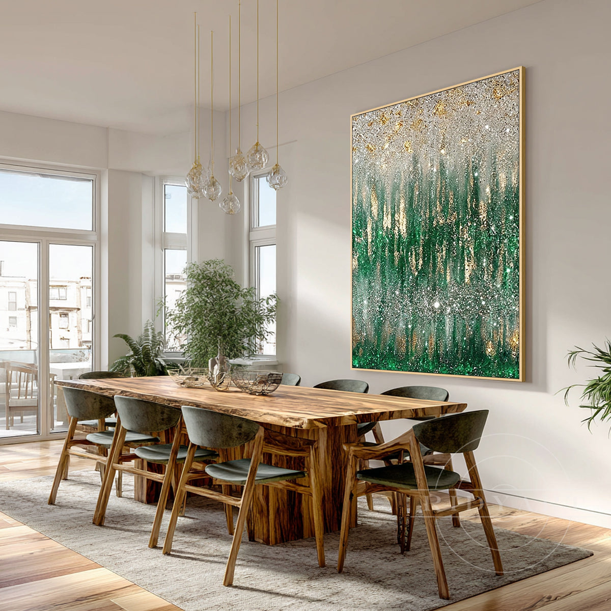 Emerald green abstract wall art with champagne gold shimmer hanging in a contemporary dining room.