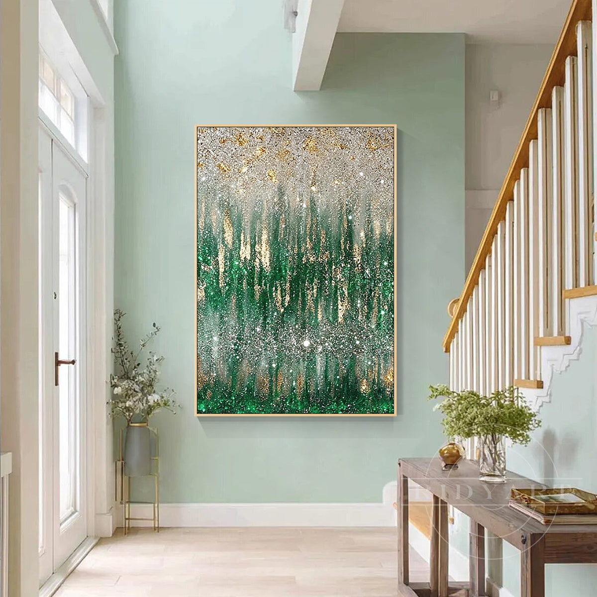 Green and gold textured canvas painting creating a serene luxury decor.
