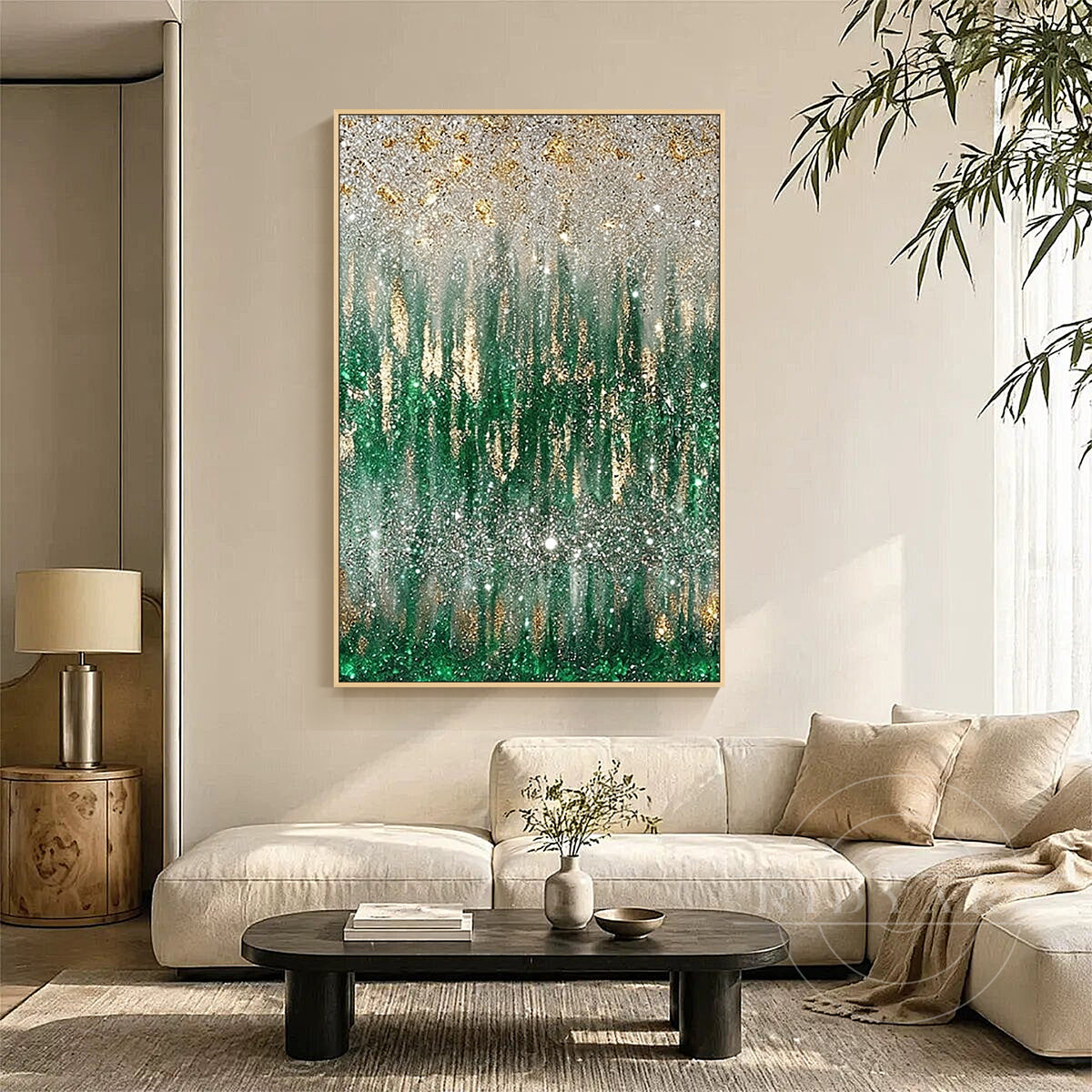 Close-up of 3D impasto texture and gold foil details on an emerald green abstract artwork.