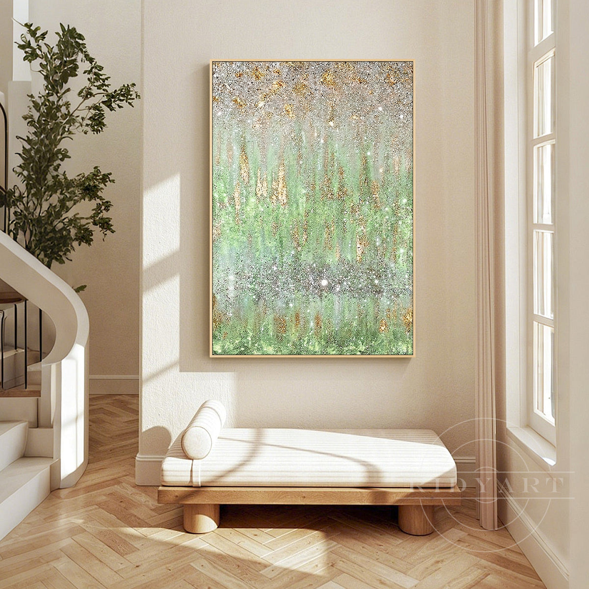 Soothing sage green and gold textured canvas decor 