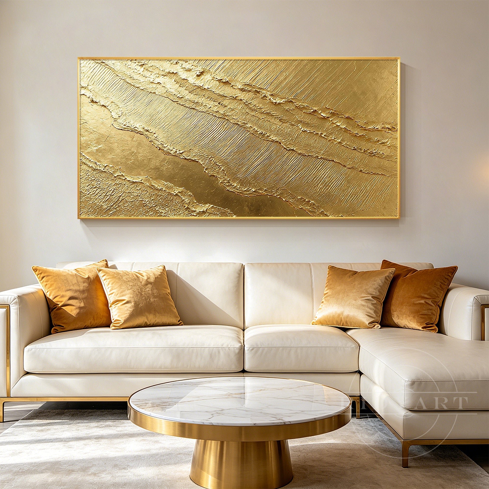 Horizontal gold leaf ocean wave canvas art.