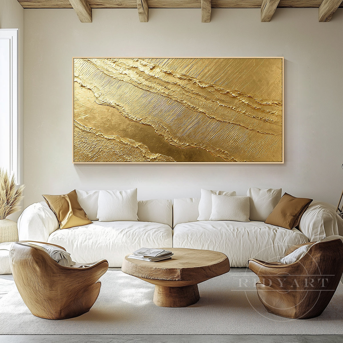 Metallic gold 3D textured wall painting.