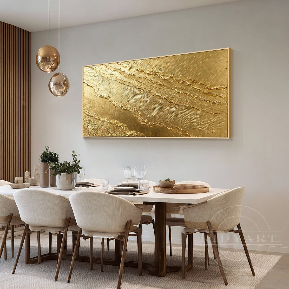 Panoramic textured gold abstract wall painting.