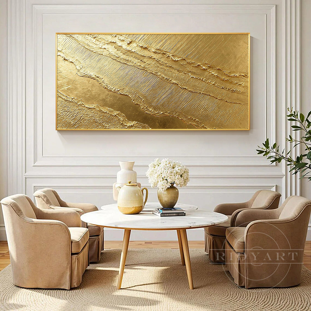 Large gold wave impasto canvas artwork.