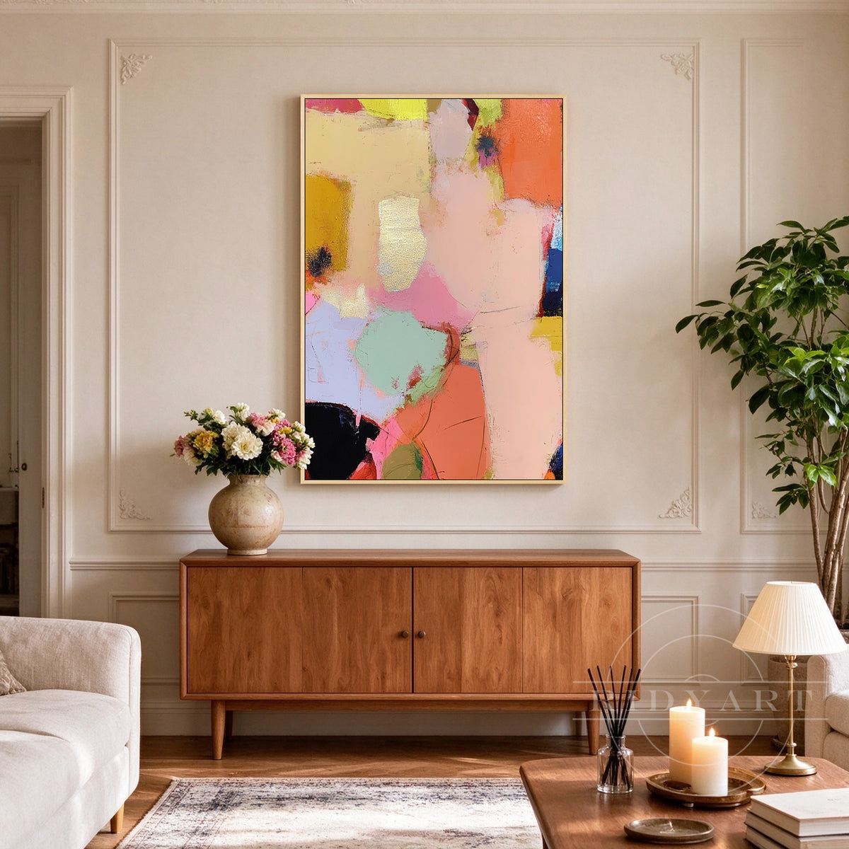 Bold contemporary color block artwork with coral orange, blush pink, green and black accents styled in an elegant modern living room.