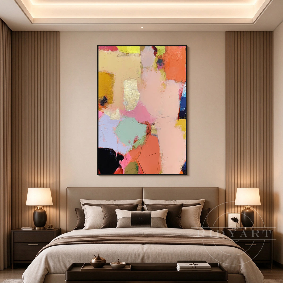 Soft pink and peach abstract painting with mint green and lavender accents, bringing colorful contemporary style to a modern bedroom.