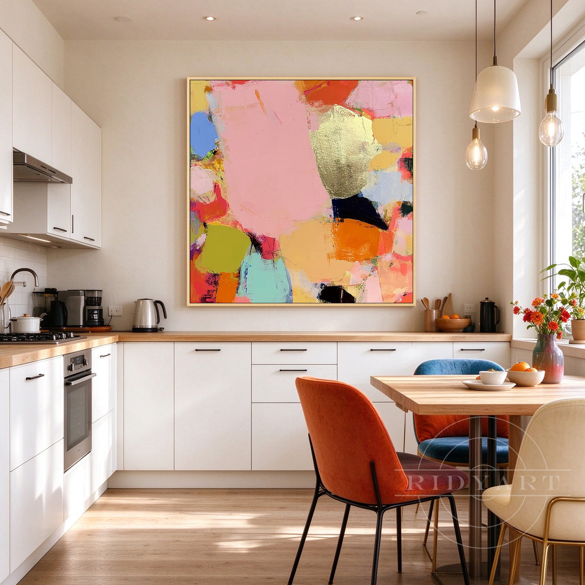 Large original gold foil and pink abstract canvas painting adding playful glamour and vibrant energy next to a wooden dining table.