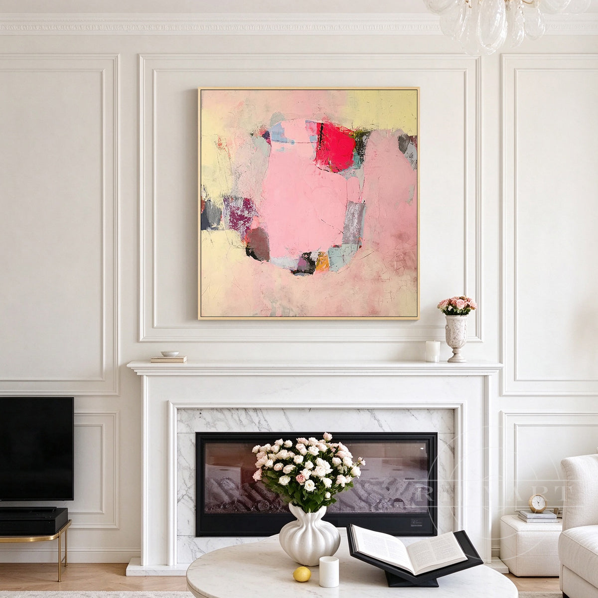 Close-up of heavy palette knife impasto texture in soft pastel pink, crimson red, and grey on square abstract canvas artwork.