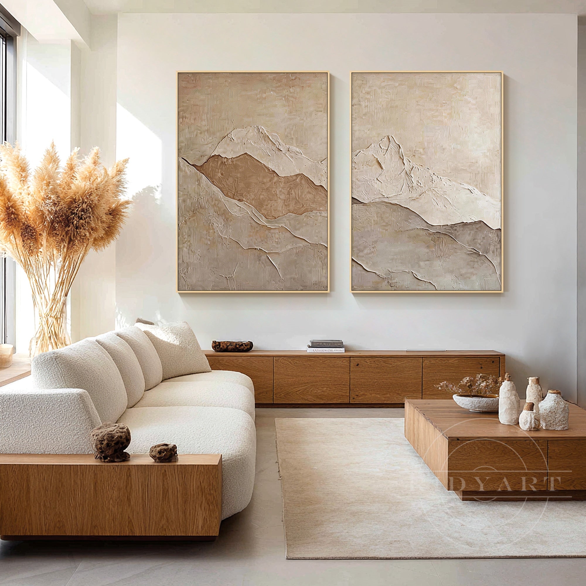 Neutral tone hand painted plaster wall painting.