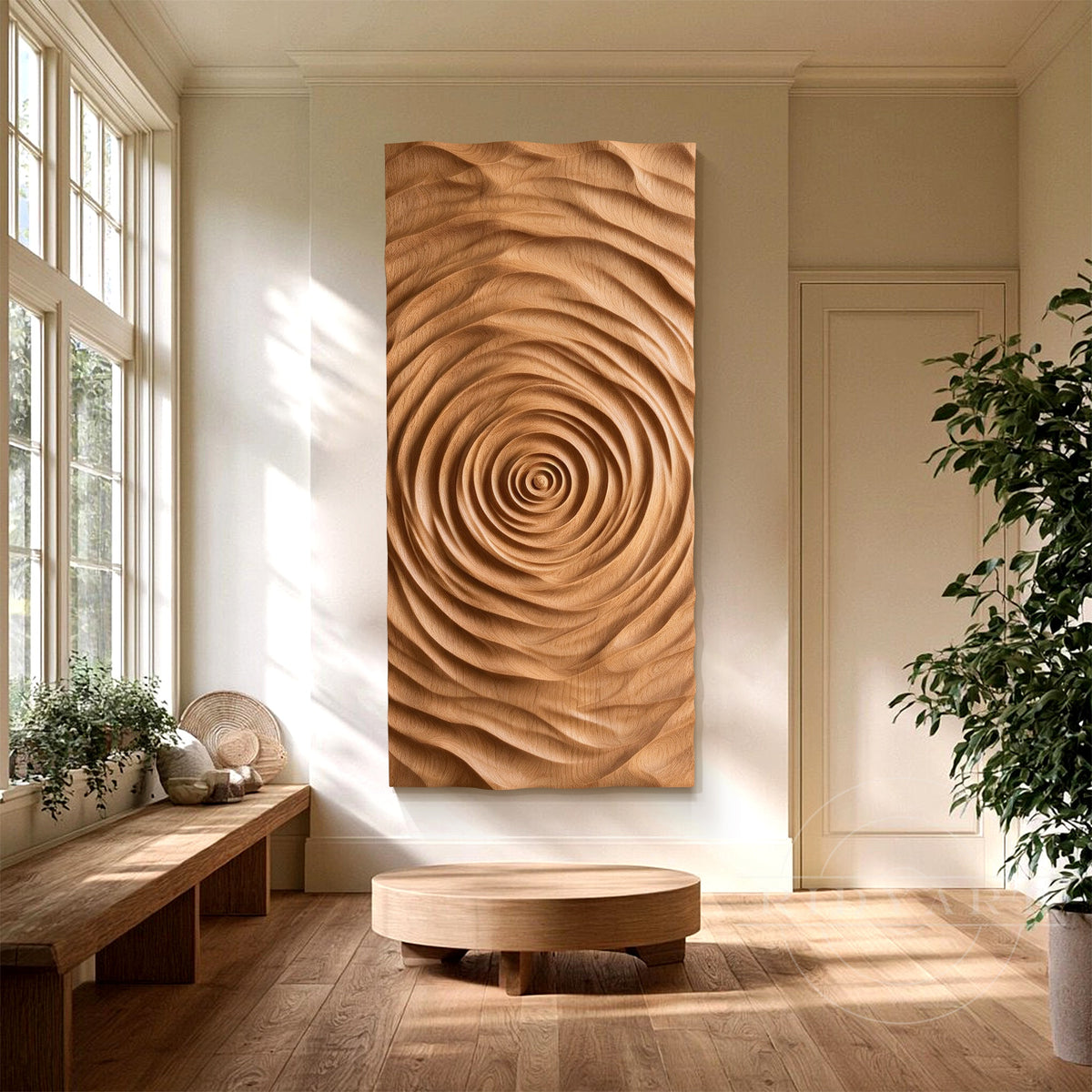 Hand carved solid wood wall sculpture with 3D ripple texture displayed as an organic modern focal point above a living room sofa.