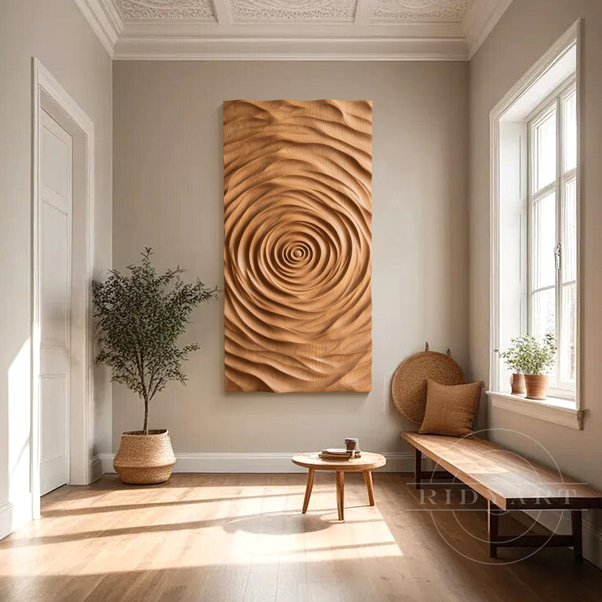 Natural wooden relief panel featuring flowing circular carving patterns and warm wood grain for elegant modern living room decor.