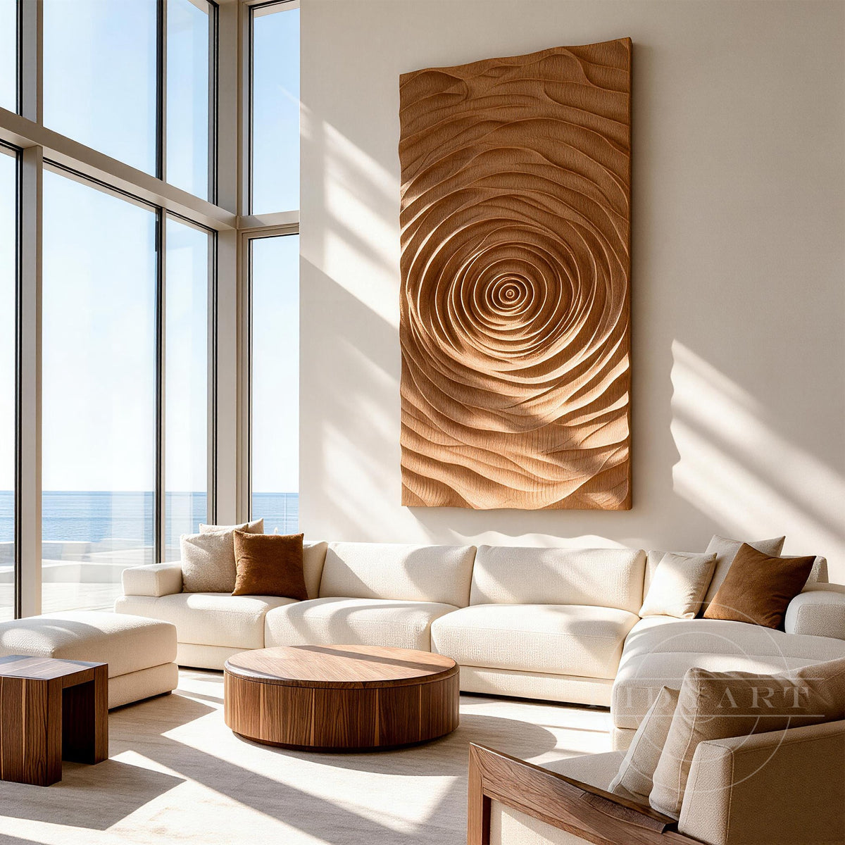 Handcrafted wooden wall sculpture with soft organic patterns and natural texture creating a peaceful atmosphere 