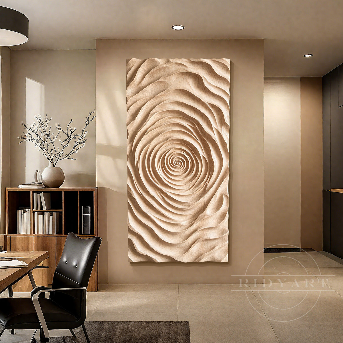 Vertical beige wood relief panel featuring flowing carved curves and natural grain for Japandi style living room decoration.
