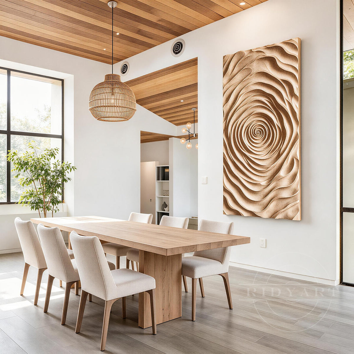 Natural solid wood sculpture with organic carved texture adding elegant warmth and artistic detail to a modern dining room.