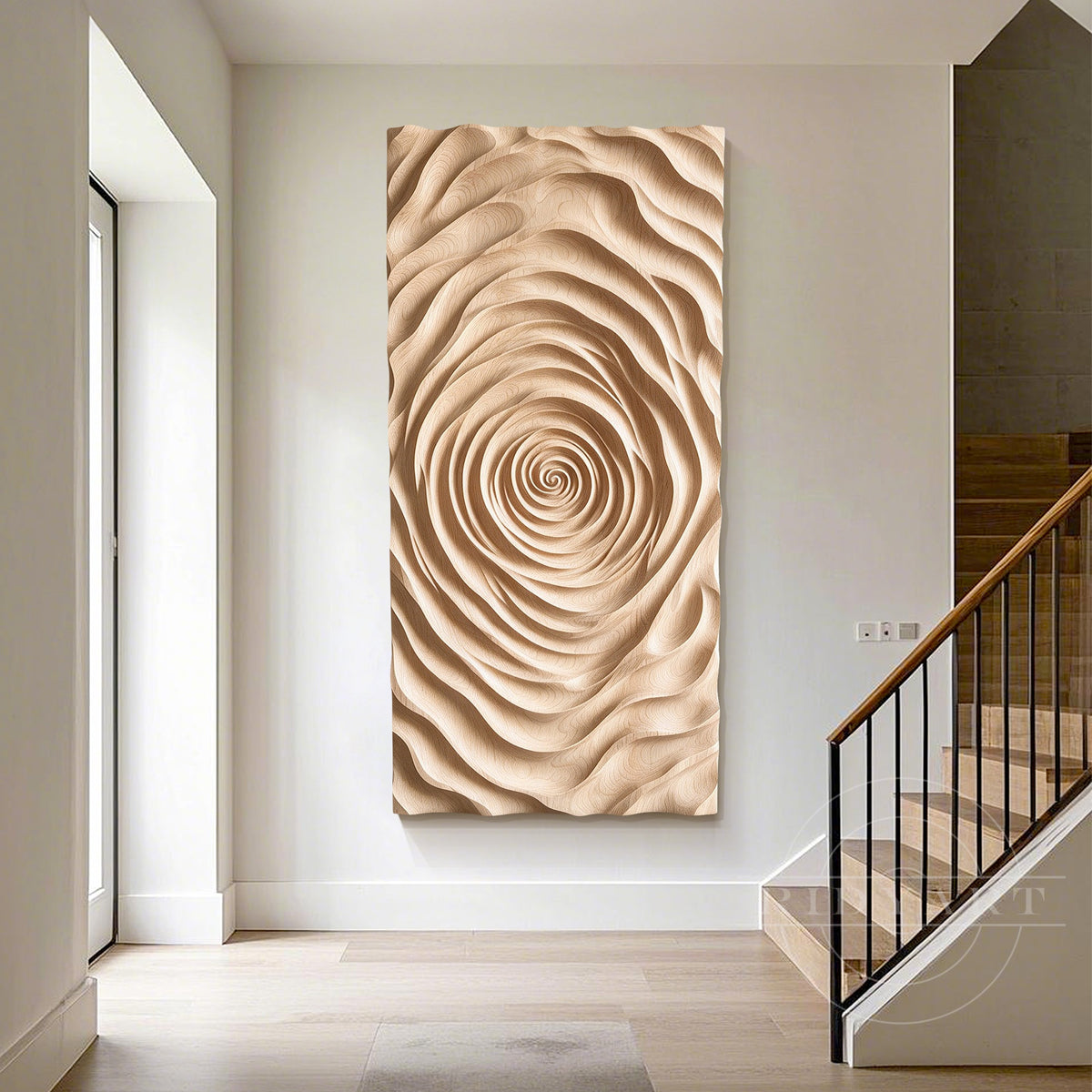 Light beige wooden wall art with hand carved ripple design creating a peaceful Wabi-Sabi atmosphere 