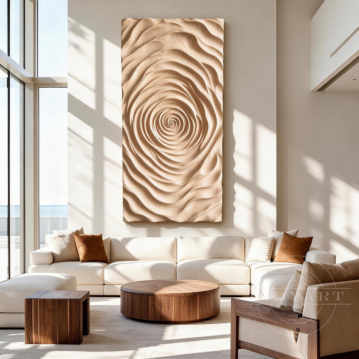 Minimalist carved wood artwork with soft wave patterns and dimensional texture creating a warm contemporary living room accent.