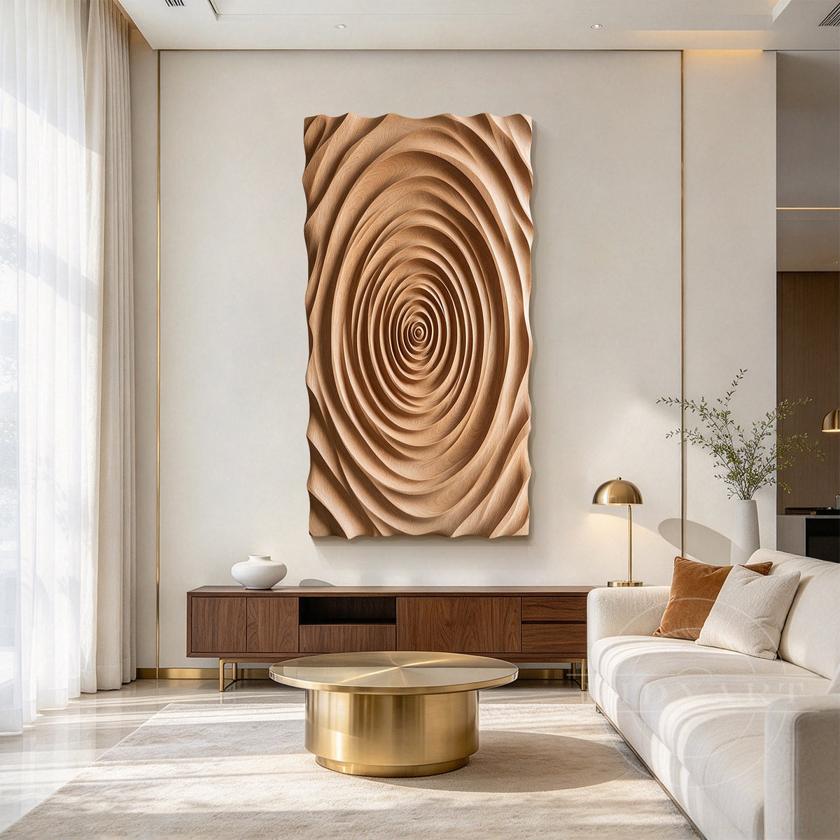 Vertical wooden relief panel with circular carved patterns and natural grain adding Japandi luxury style to a contemporary living room.