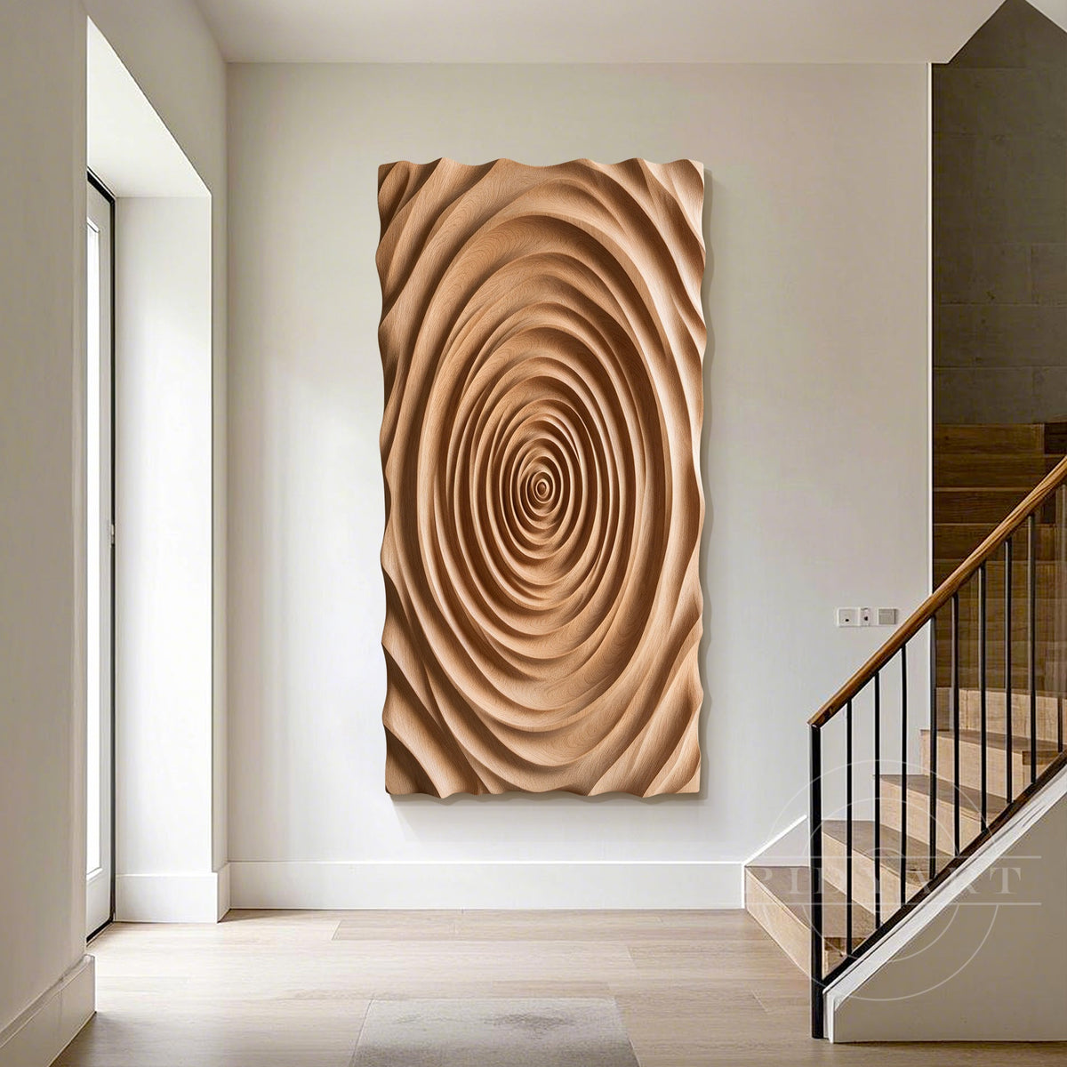 Hand carved wooden wall art with calming spiral patterns and natural tones creating a peaceful atmosphere 