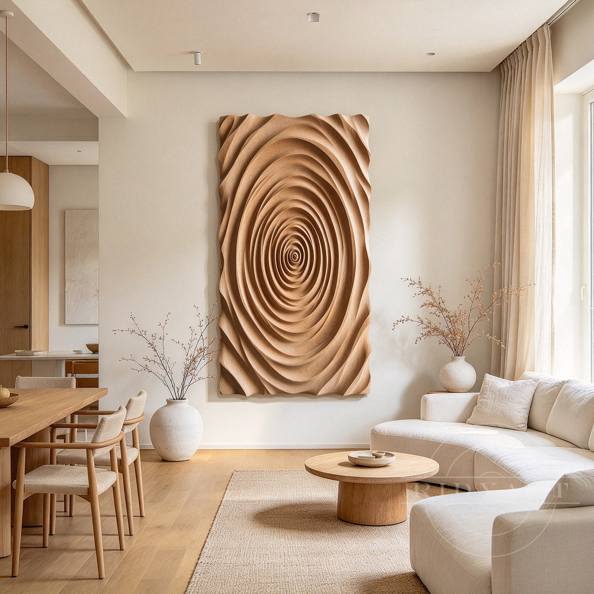 3D carved wood artwork with flowing spiral texture and warm brown tones creating a unique minimalist living room accent.