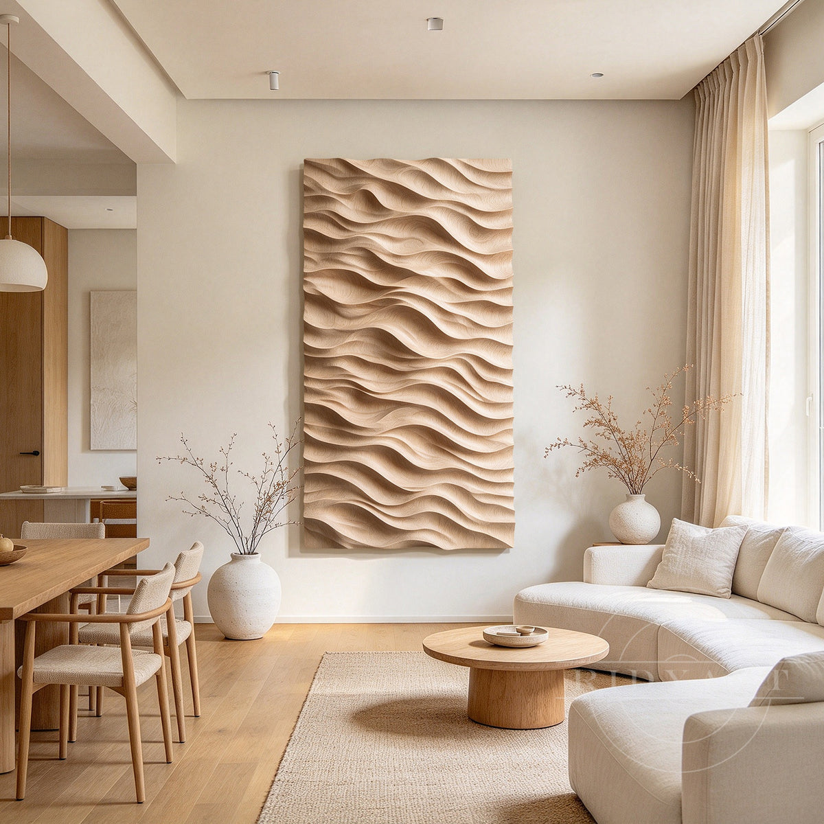 Hand carved beige wood wall sculpture with flowing wave relief texture displayed as an organic modern focal point above a living room sofa.