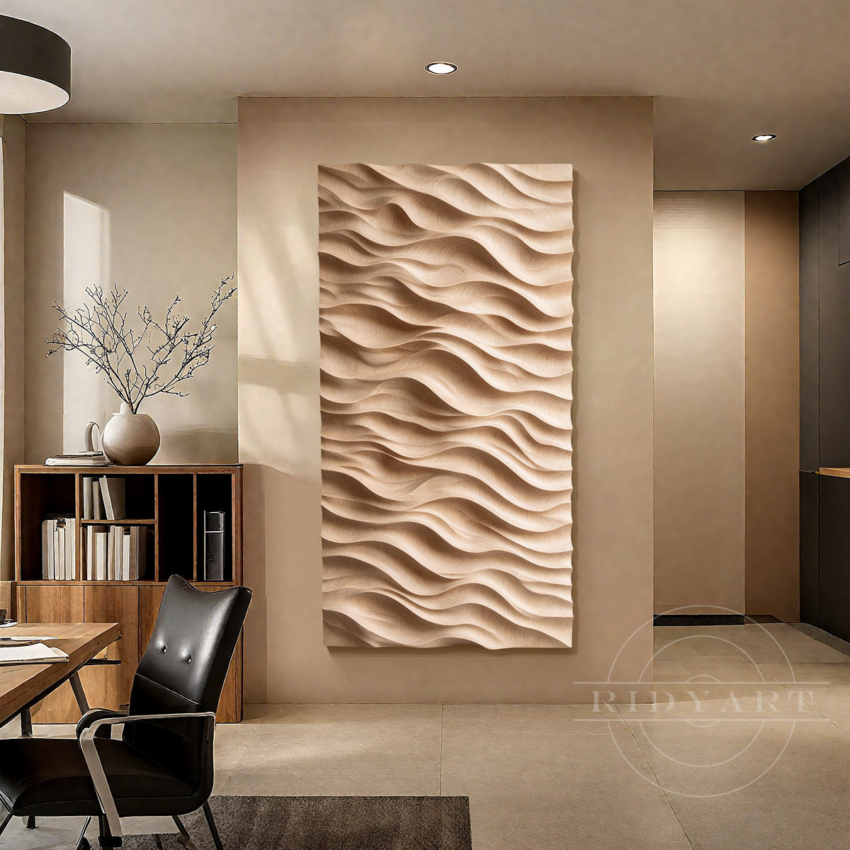 Handcrafted wood wall sculpture with organic layered relief design adding natural warmth to a modern office interior.
