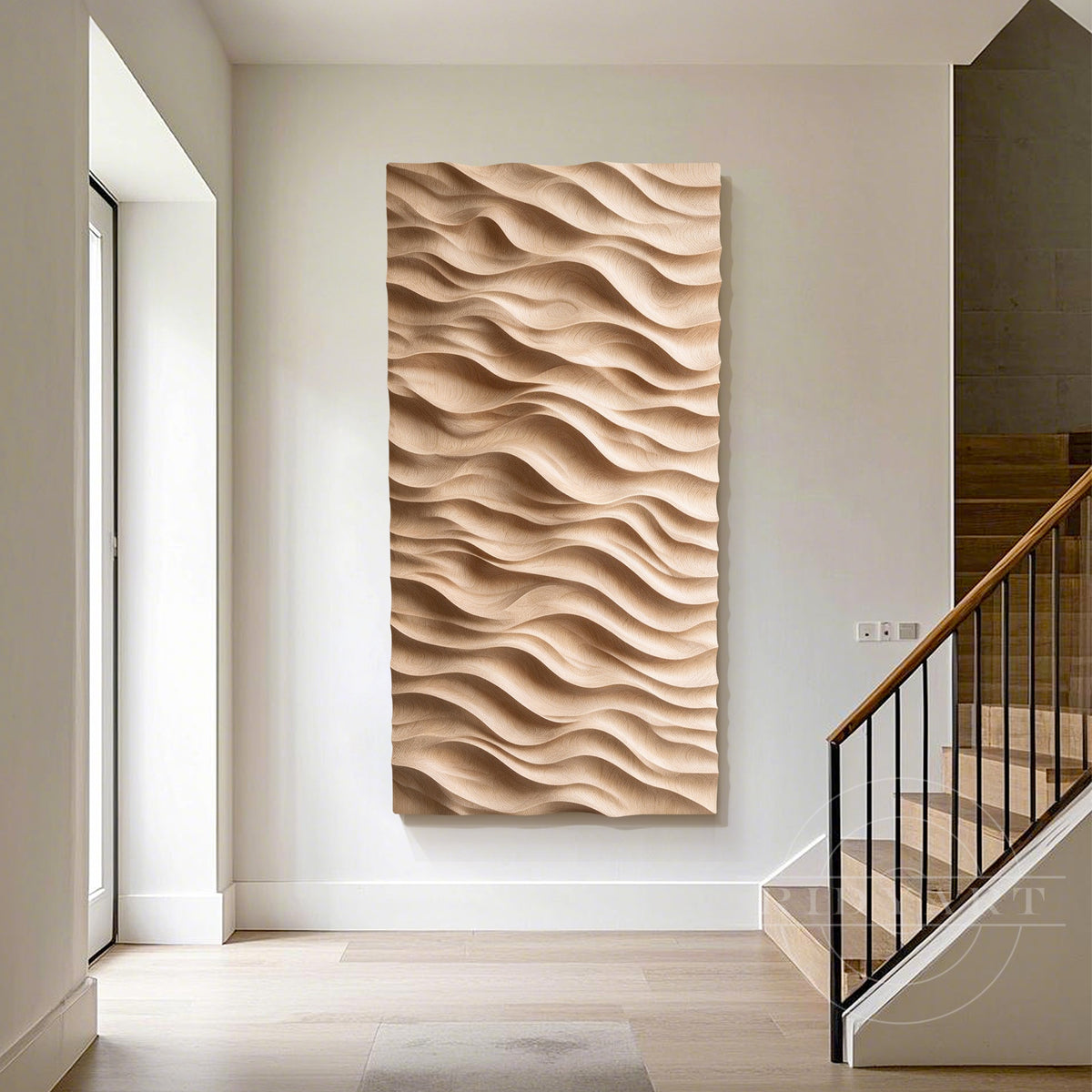 Natural wooden relief panel featuring layered sand dune inspired carving patterns for a Japandi style contemporary living room.
