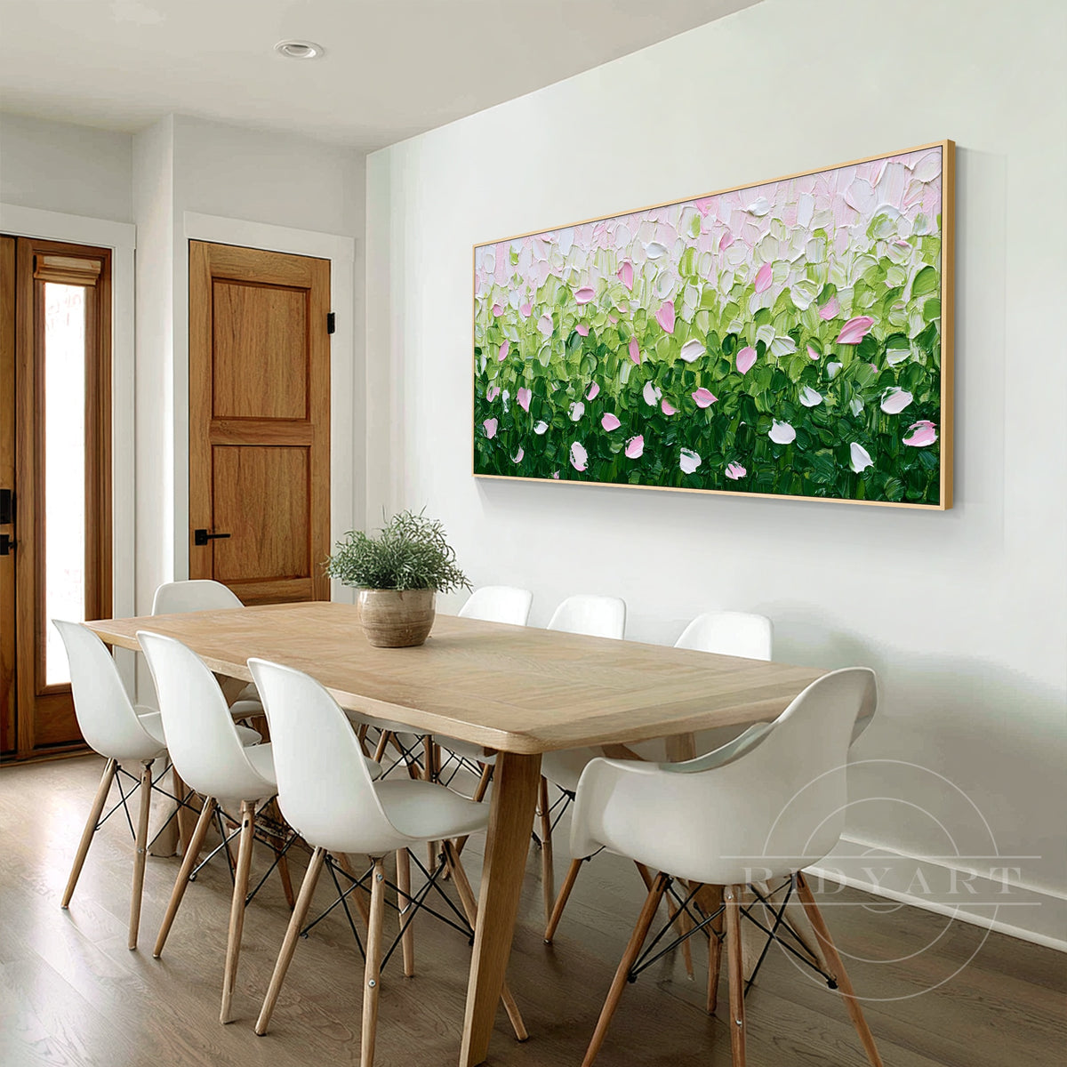Pink and green impasto flower painting with rich foliage and scattered petals displayed as elegant dining room wall decor.