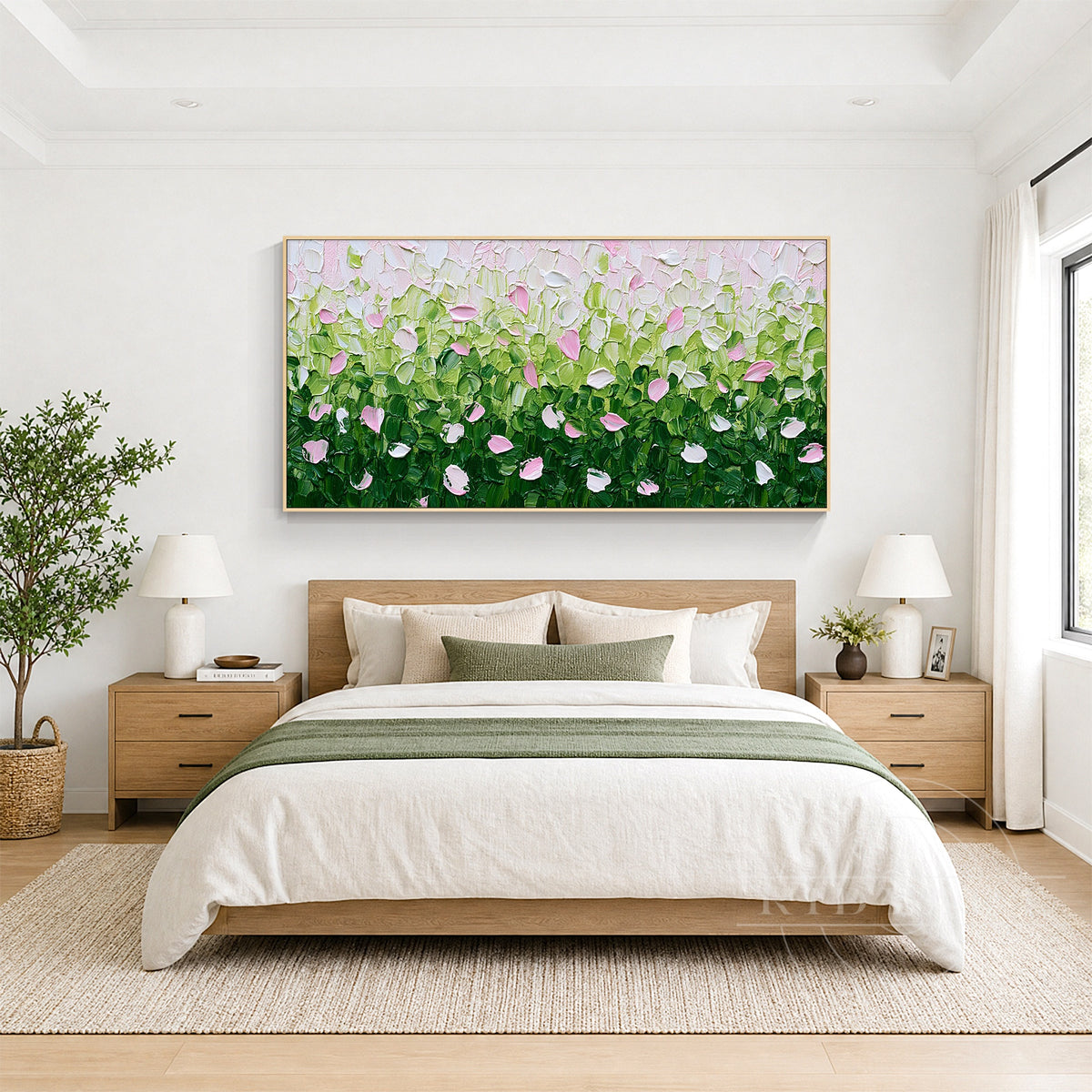 Textured botanical wall art in sage green, forest green and soft pink creating a fresh romantic atmosphere in a modern bedroom.