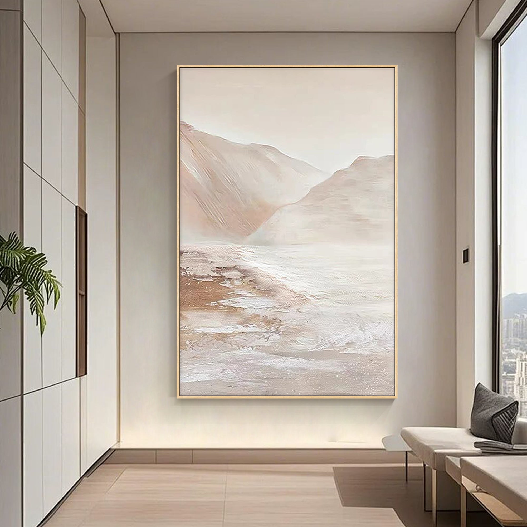 vertical landscape wall art displayed in hallway with soft lighting