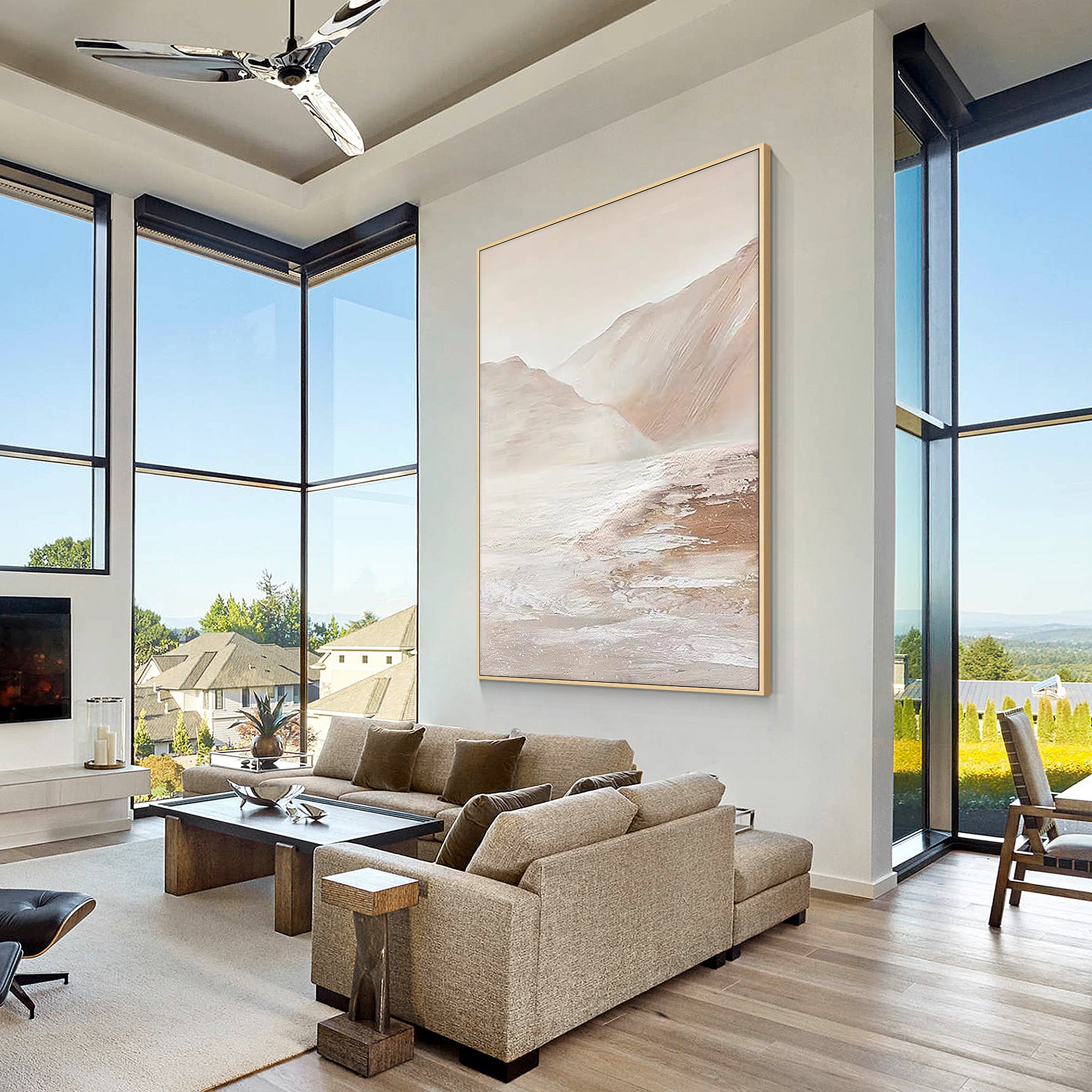 textured beige mountain artwork in cozy living room interior