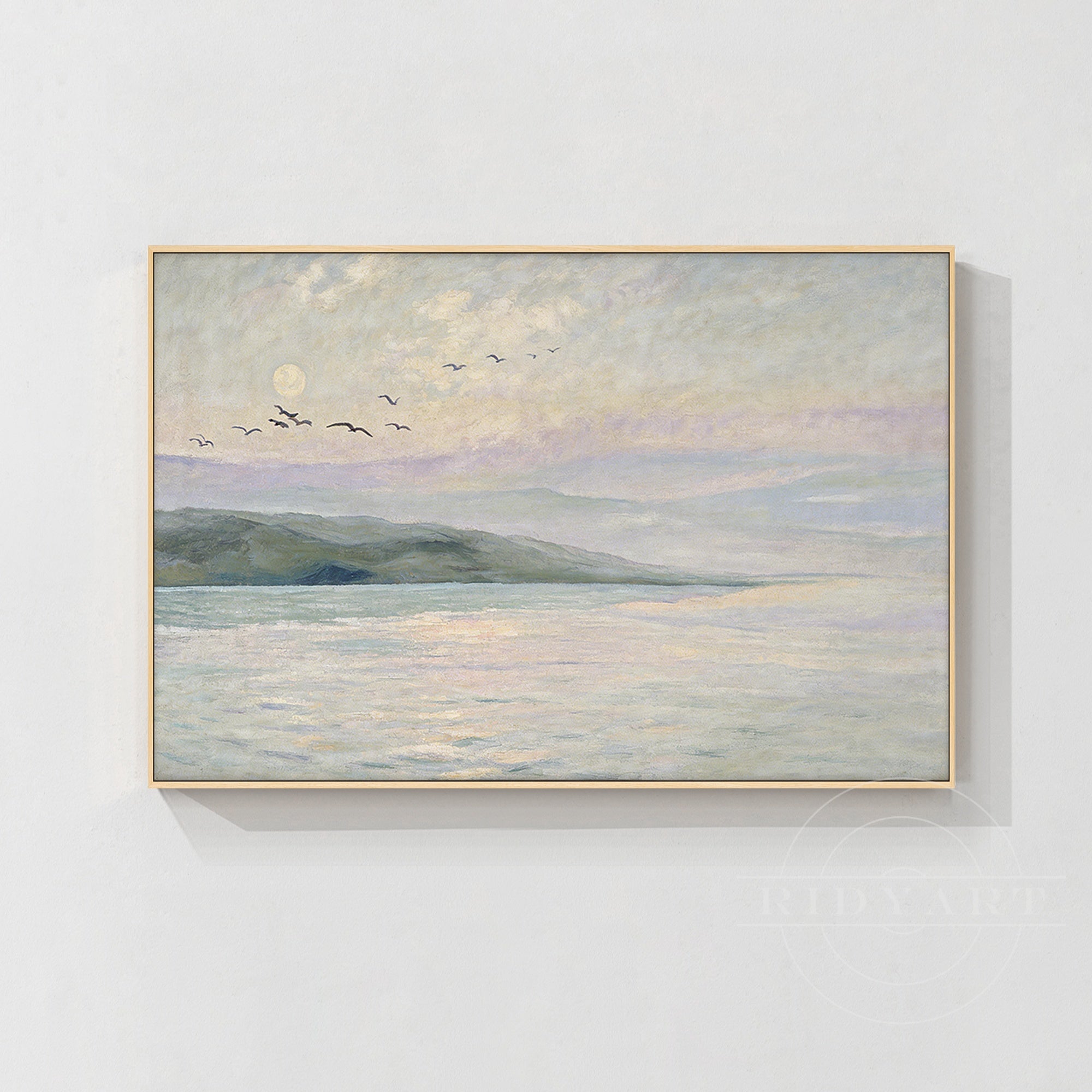 Coastal painting with birds and distant hills