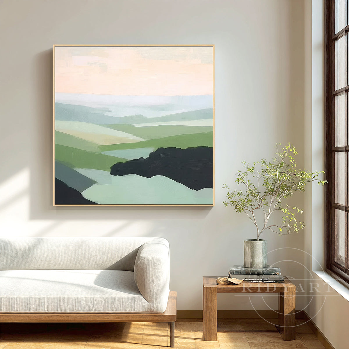 Sage green mountain abstract canvas painting above bed.