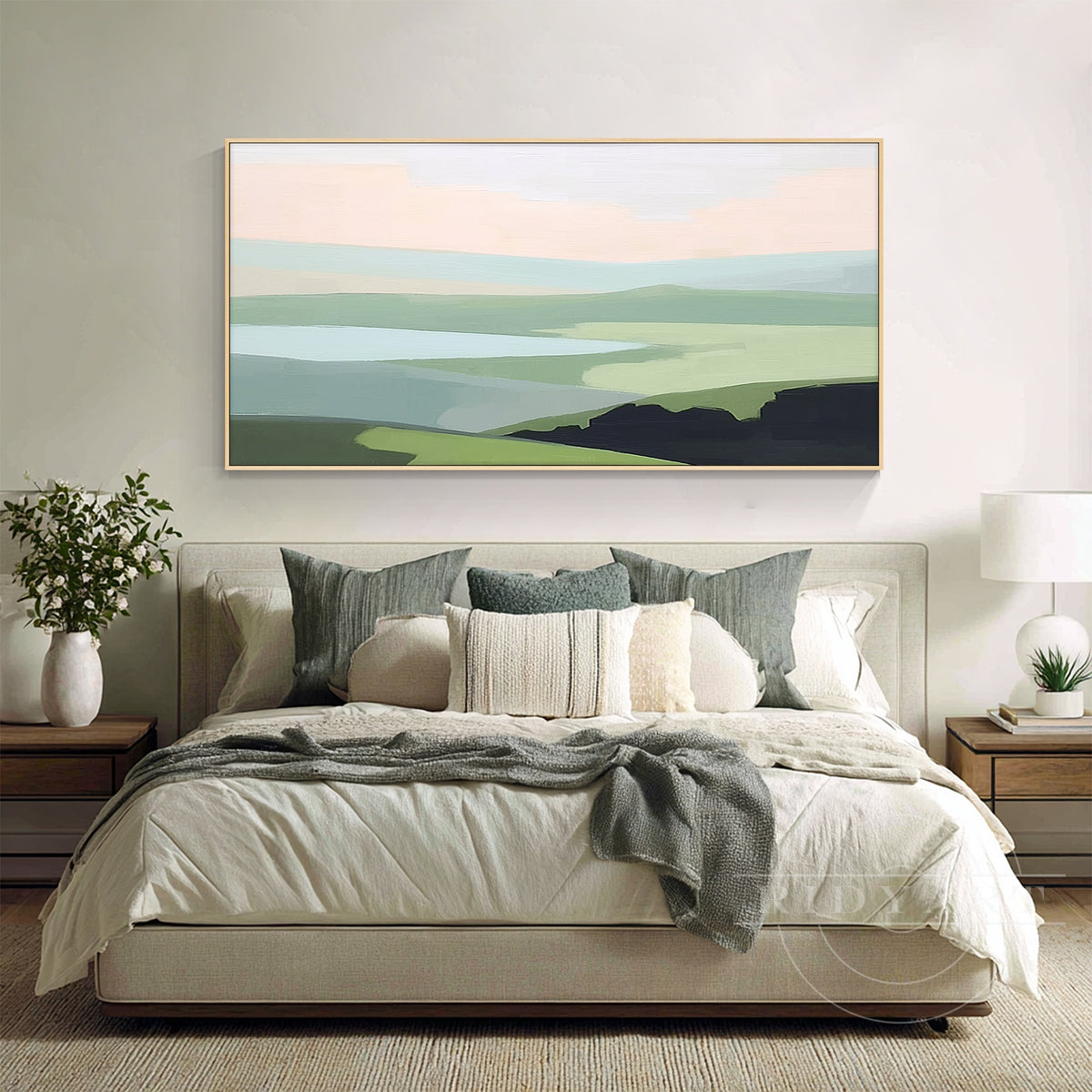 Framed panoramic neutral landscape artwork for office.