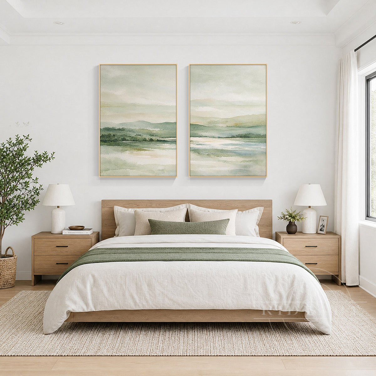 Serene sage green mountain landscape diptych with soft neutral tones and gold frames creating a peaceful bedroom atmosphere.