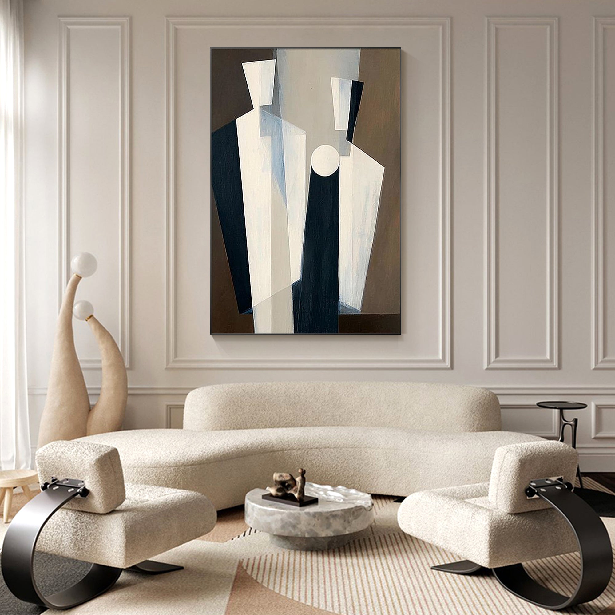 abstract geometric figure wall art above sofa in modern living room