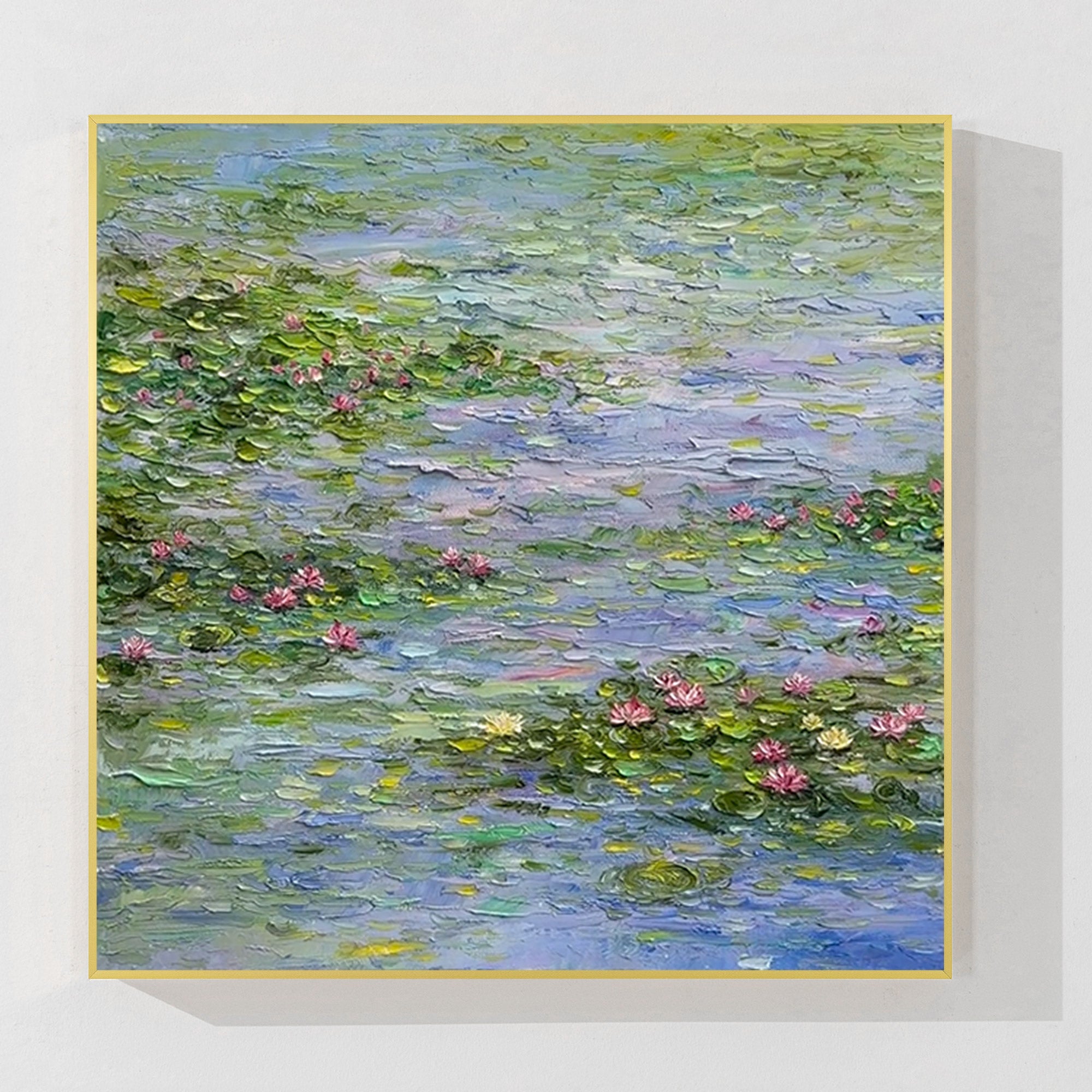 Impressionist Claude Monet inspired water lilies oil painting with heavy texture on canvas