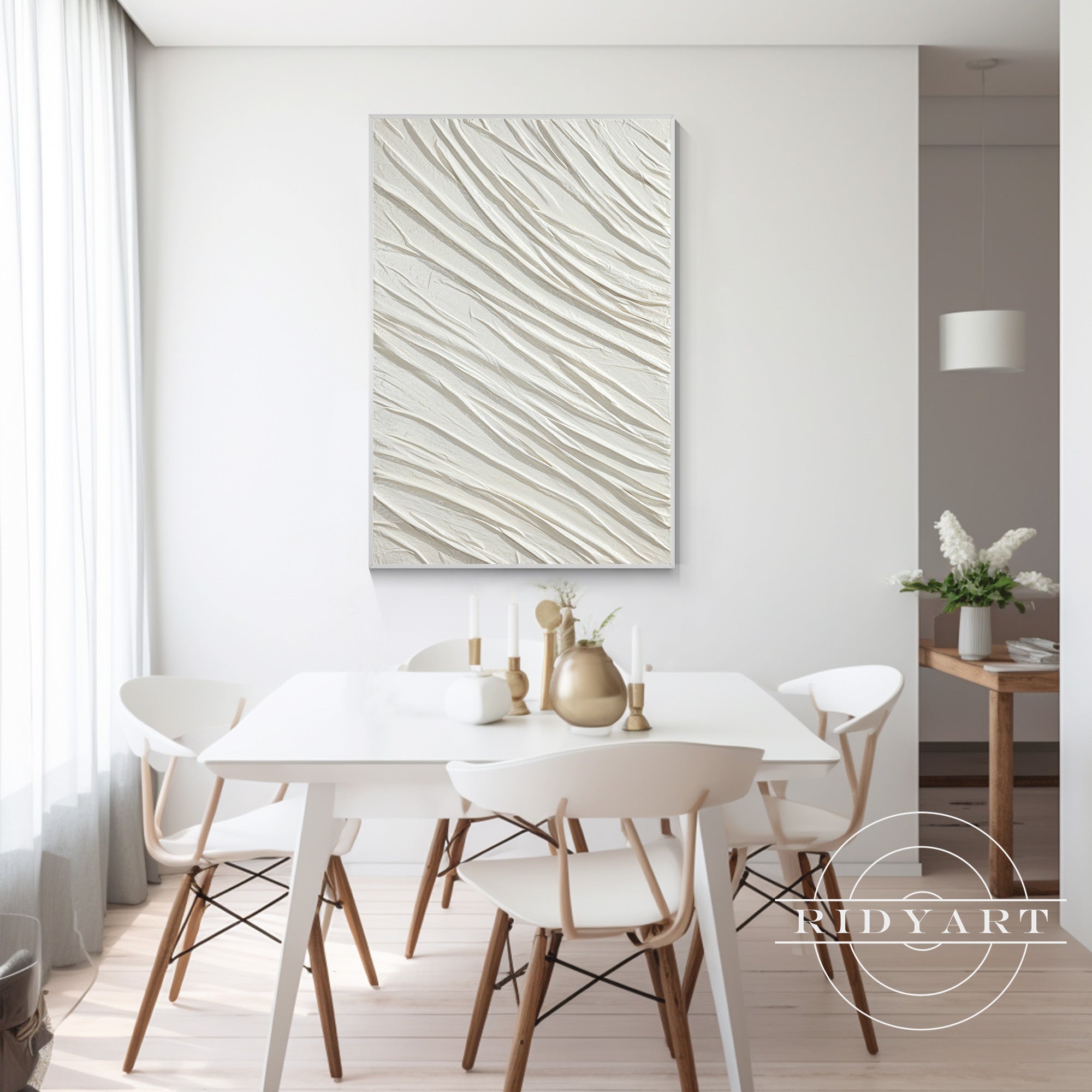 Minimalist White Textured Wall Art - Wavy Impasto Painting