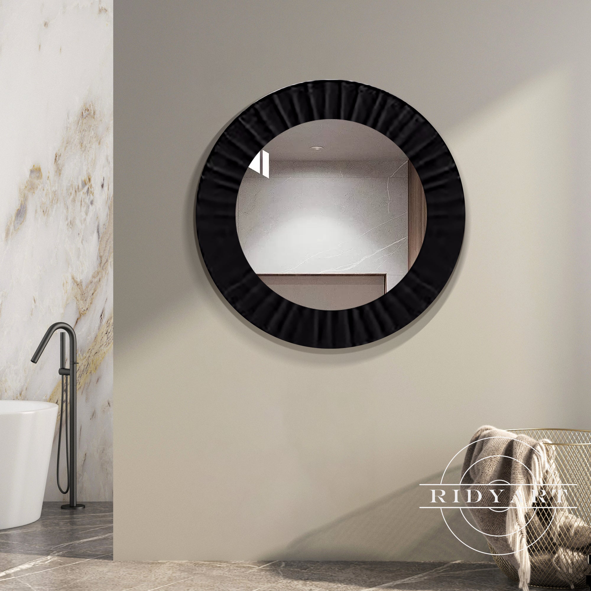 Black wood wall art with round mirror and carved frame