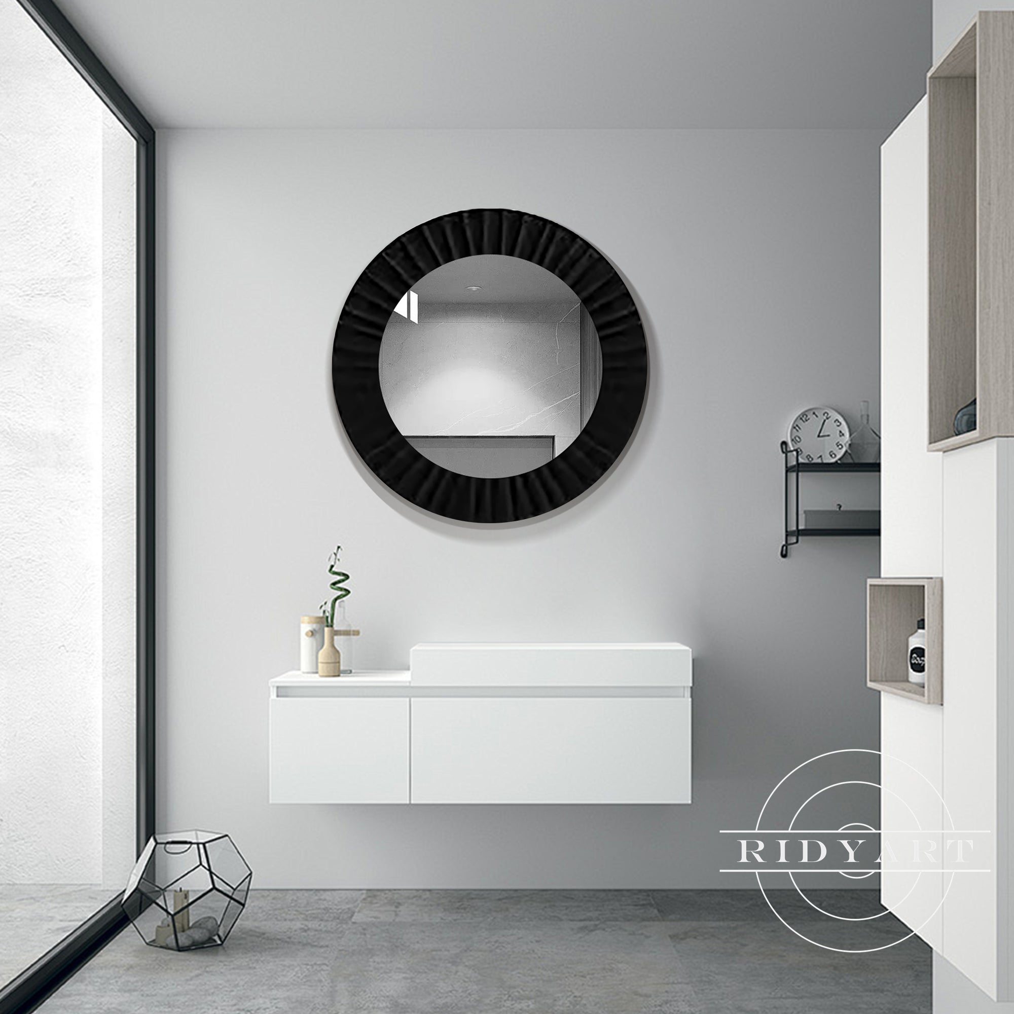 Round mirror with heavy black wood frame for luxury interiors