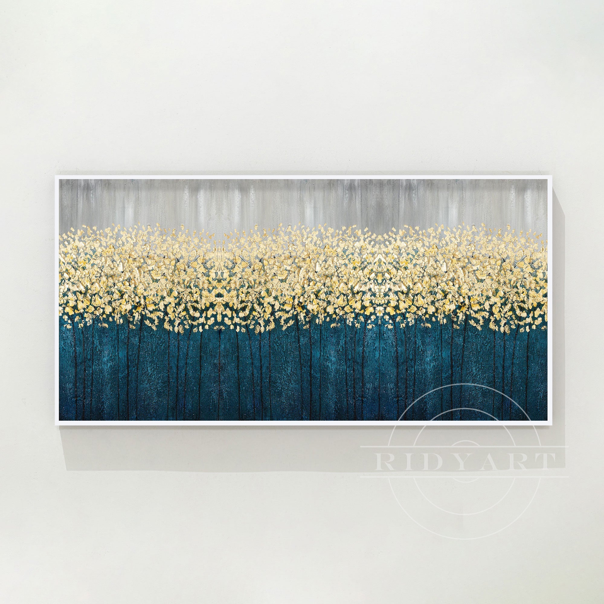 Gold Flowers Abstract Painting - 3D Teal Blue Large Wall Art